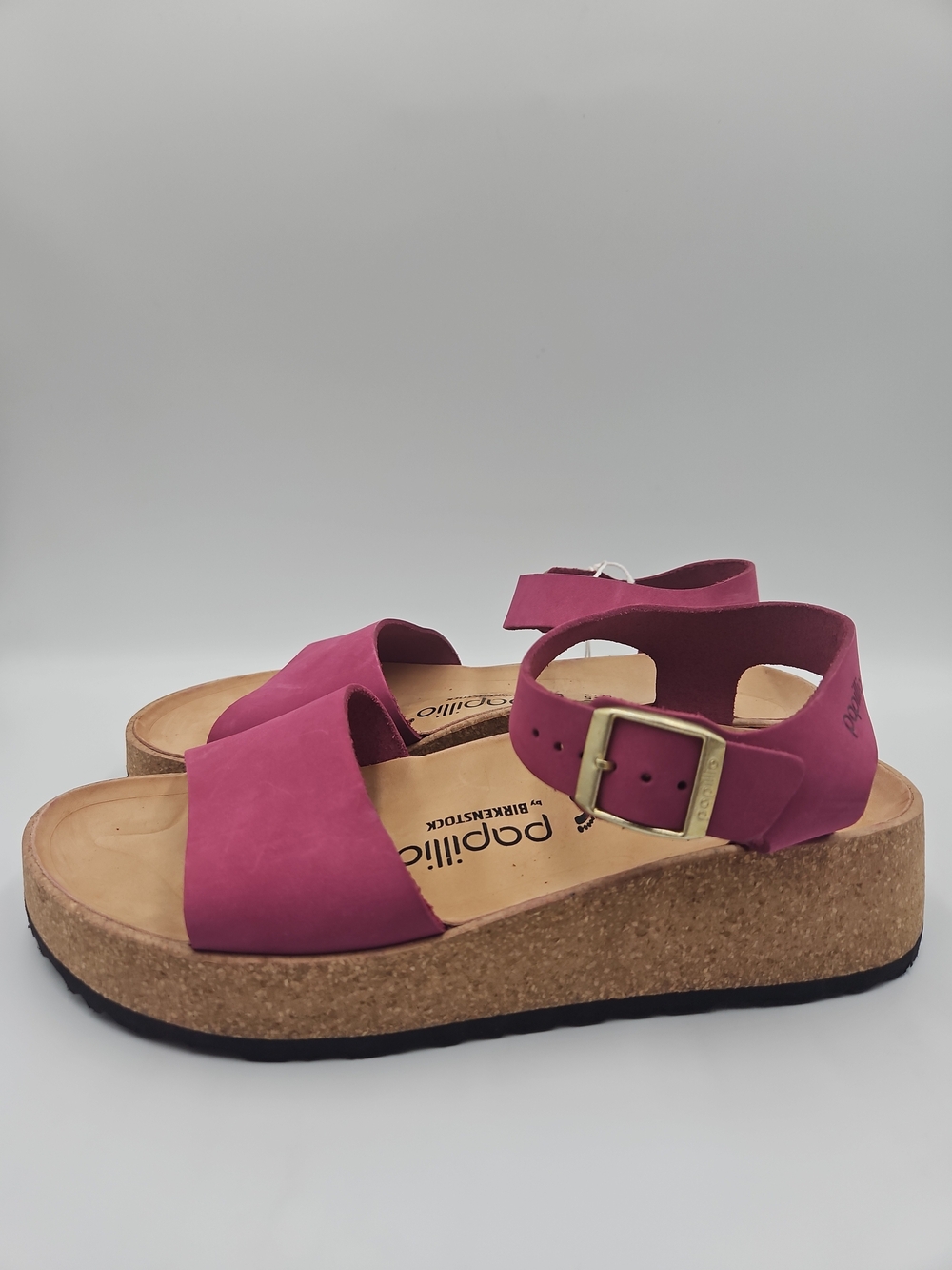 Papillio Magenta Leather Cork Platform Sandals with Buckle